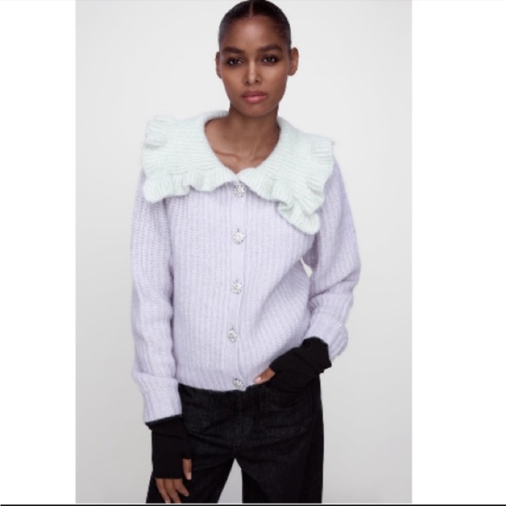 COPY - ZARA combination bib collar knit purple cardigan size M